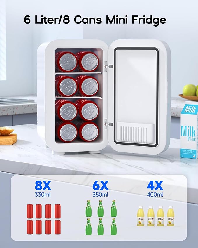 BEICHEN Mini Fridge,6 Liter / 8 Can Small Fridge for Bedroom, Car, Office & Dorm, 110V AC/DC Portable Thermoelectric Cooler & Warmer for Skincare, Food, Drinks, White