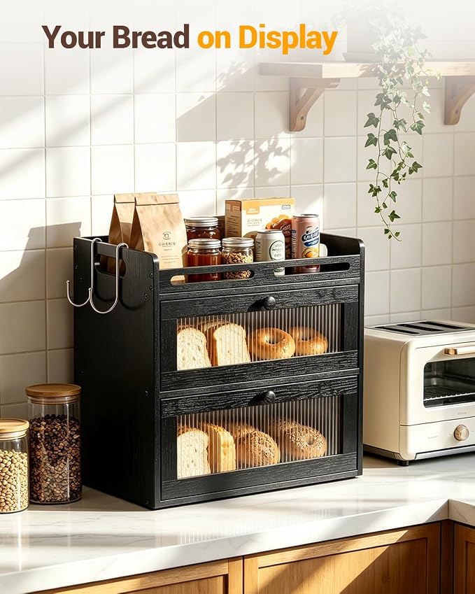 Bread Box for Kitchen Countertop, 2-Tier Bamboo Bread Storage Container with Acrylic Window, Raised-Rail Top Shelf and 2 Banana Hooks, Farmhouse Counter Organizer for Pantry, Black