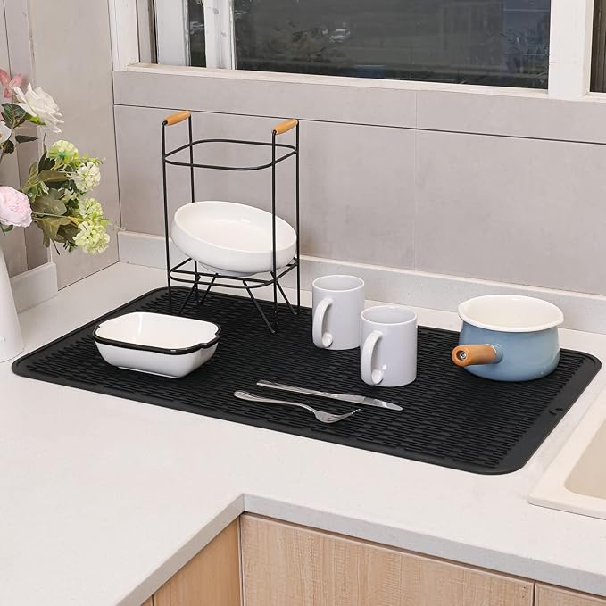 MicoYang Silicone Dish Drying Mat for Multiple Usage,Easy clean,Eco-friendly,Heat-resistant Silicone Mat for Kitchen Counter or Sink,Refrigerator or Drawer Liner Black 4XL 32 inches x 18 inches