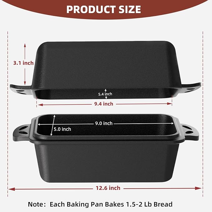 9×5 Inch Cast Iron Loaf Pan with Lid, Even Heat Distribution Bread Baking Pan for Sourdough, Homemade Bread, Cake & Meatloaf, 2 Piece Set
