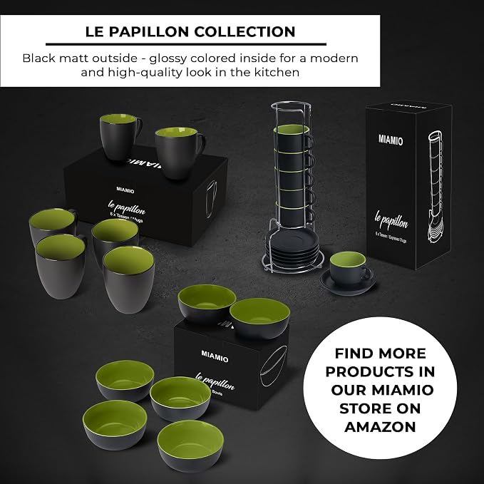 MIAMIO - Set of 6 Stoneware Coffee Mugs 12 Ounce/Cup Set - Le Papillon Collection (Black-Green)