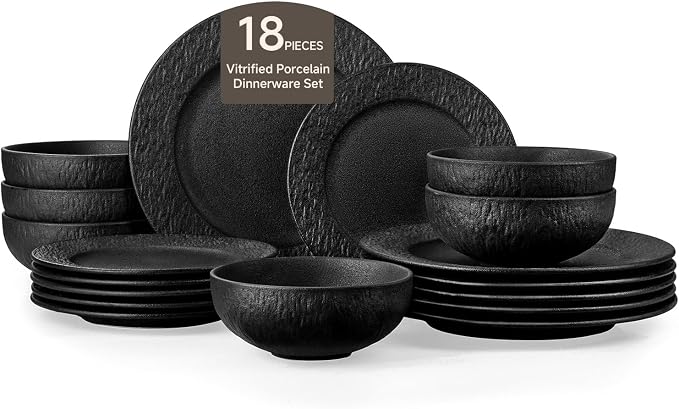 KINGSTONE Dinnerware Sets, 18-Piece Premium Porcelain dishes set, Matte Marble Pattern Plates and Bowls Sets for 6, Place Setting with Dinner Plate, Salad Plate, Pasta Bowl (Black)