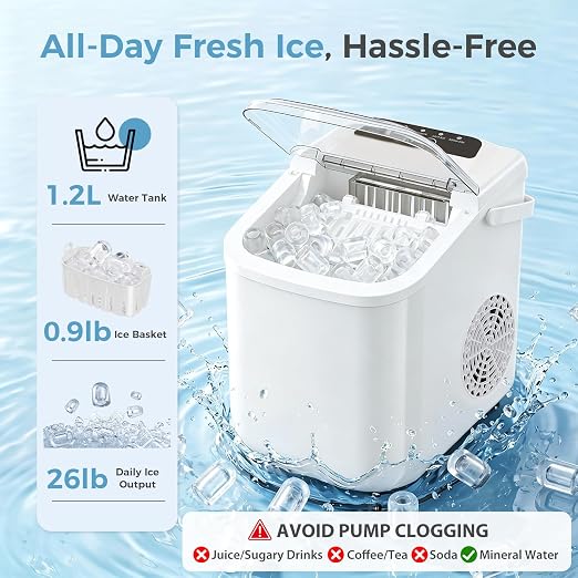 Countertop Ice Maker, Portable Ice Machine with Carry Handle Basket and Scoop, 9 Bullet Cubes Ready in 6 Mins, 26lbs Daily, Self-Cleaning for Home, Kitchen, Camping, RV
