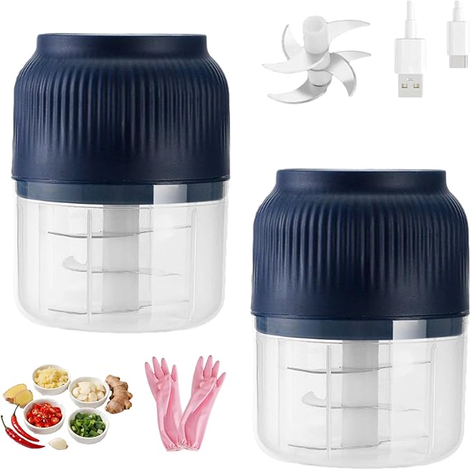 Household Electric Garlic Crusher, Electric Garlic Chopper, Usb Rechargeable Chopper With Stainless Steel Blades, One-Touch Mini Kitchen Helper, Easy To Clean, For Vegetables (Blue*2, 6 blades)
