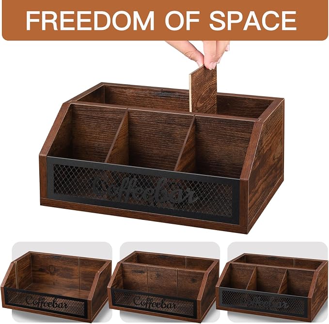 Coffee Station Organizer for Counter, Wood Pods Holder Basket with Removable Dividers, Office Coffee Bar Accessories Decor for Syrup, Cups, Stirrer, Tea