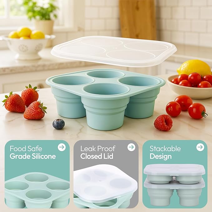 Silicone Freezer Tray with Lid - Stackable 2 oz Large Ice Cube Molds for Homemade Purees, Egg Bites, Broth Food Storage - Dishwasher Safe - MOODY BLUE