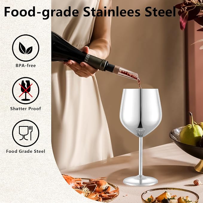 UNISWEET Stainless Steel Wine Glasses Set of 4 Unbreakable Wine Glass 18 oz Unique Metal Wine Goblets for Outdoor, Travel, Camping, Pool, Ideal Gift for Wine Lovers (Mirror-Silver)