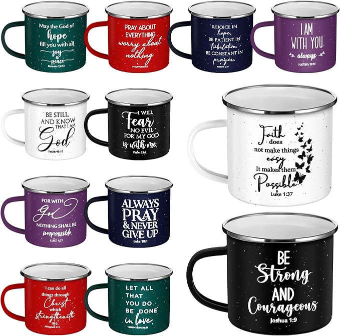 Mifoci Christian Enamel Mugs Gifts Inspirational Coffee Mugs with Handle Bible Verse Religious Camping Cups Church Party Favors for Church Clergy Pastor Men(Colorful,12 Pcs)