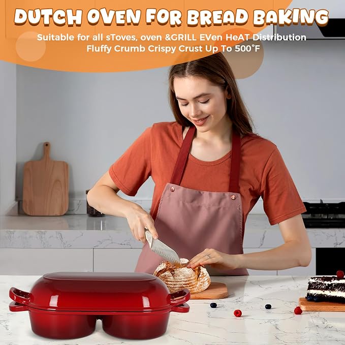 Double Dutch Oven for Sourdough Bread Baking, 2.2QT (Red) | Enamelled Cast Iron Bread Pan with Lid, Double Round Loaf Space, 16.5cm Diameter, Mini Double Dutch Oven for Homemade Baking