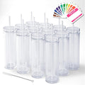 STRATA CUPS 12 Clear Skinny Tumblers with Lids and Straws | 16oz Reusable Cup Double-Wall Clear Tumbler with Lid and Straw, Durable Acrylic Tumblers With FREE Straw Cleaner & Name Tags