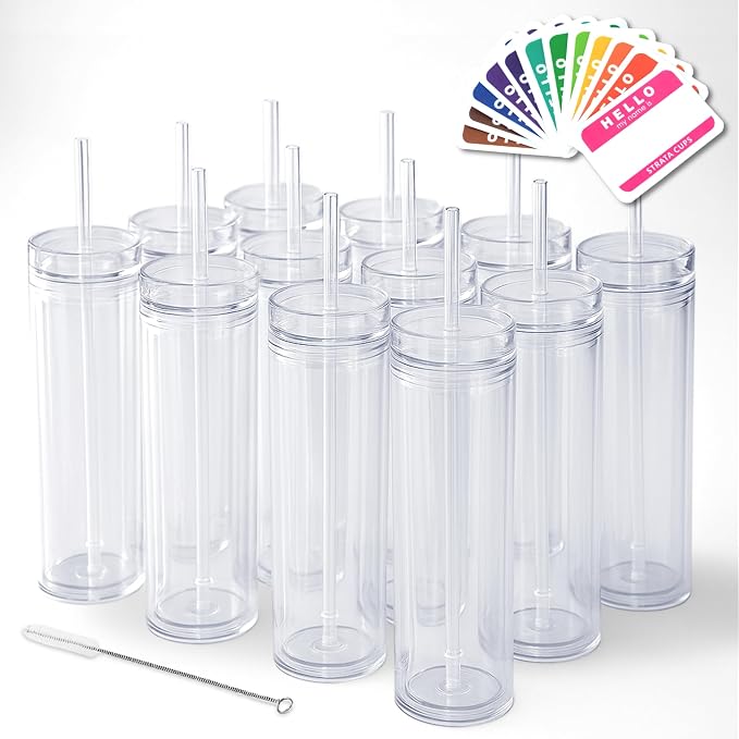 STRATA CUPS 24 Clear Skinny Tumblers with Lids and Straws | 16oz Reusable Cup Double-Wall Clear Tumbler with Lid and Straw, Durable Acrylic Tumblers With FREE Straw Cleaner & Name Tags