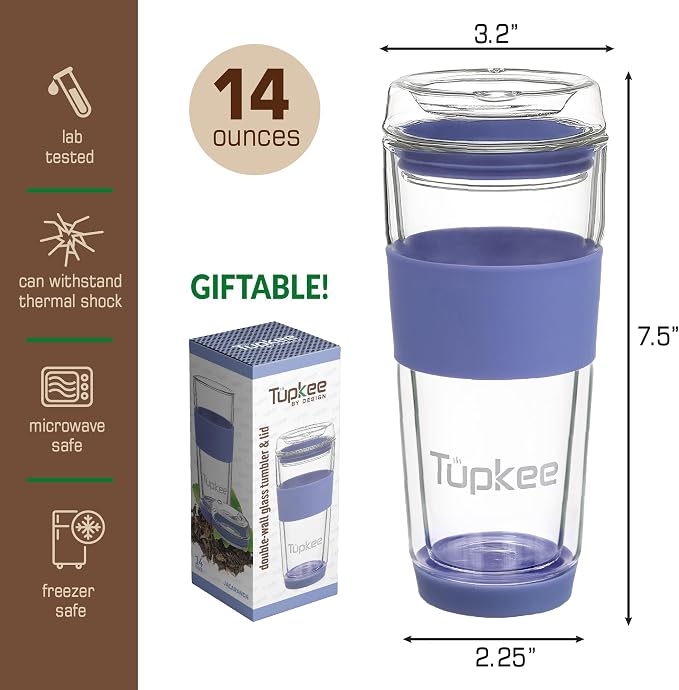 Double Wall All Glass Tumbler - 14-Ounce, Reusable Insulated Tea/Coffee Mug & Lid, Hand Blown Glass Travel Mug - Jacaranda - 2 Pack