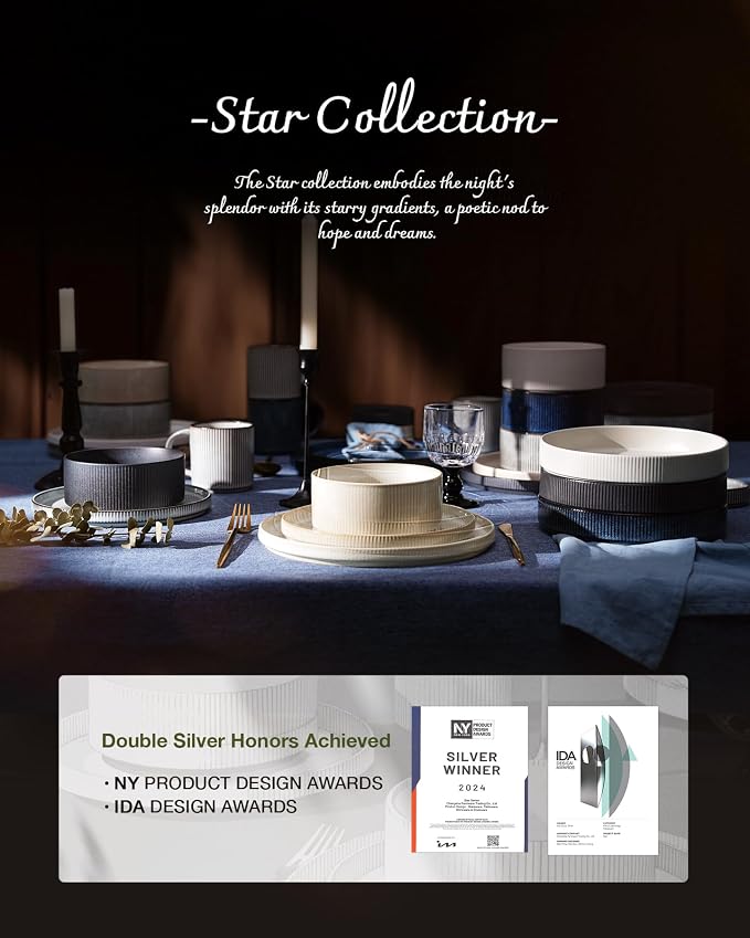 Famiware Star 24-Piece Plates and Bowls Set with Trim, Service for 8 - Stoneware Reactive Glaze Dinnerware, High Edge Ribbed Dishes, Chip & Scratch Resistant, Microwave & Dishwasher Safe, White & Blue