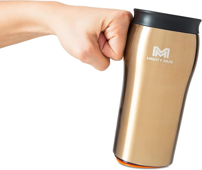 Mighty Mug | The Untippable Mug | Grips When Hit, Lifts for Sips | Insulated Stainless Steel Tumbler | Cupholder Friendly | Gifts for Women Men All | Leakproof | 4 Hours Hot / 24 Cold | 12oz | Gold