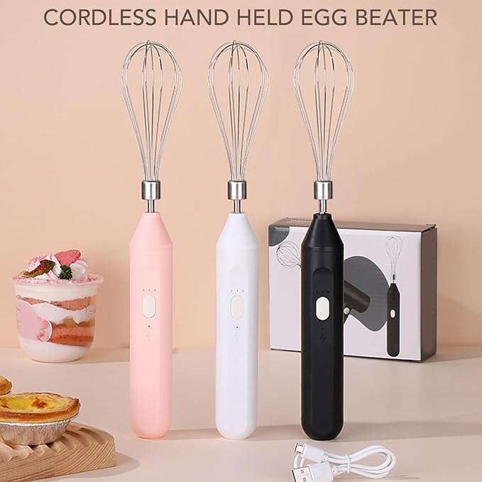 Electric Egg Beater Handheld USB Charging Milk Frother Portable Cordless Drink Mixer with Stainless Steel Whisk (White)