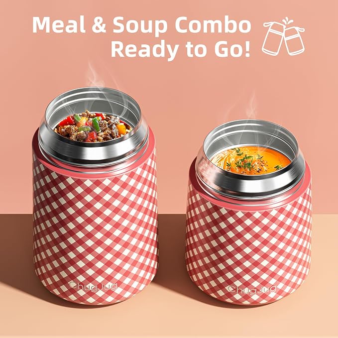 2 Pack Insulated Food Jar Set, 26oz & 18oz Stainless Steel Vacuum Insulated Soup Containers for Hot Food, Leak-Proof Thermal Food Jars with Spoons, Cute Stylish Design for School, Work & Travel (Red)