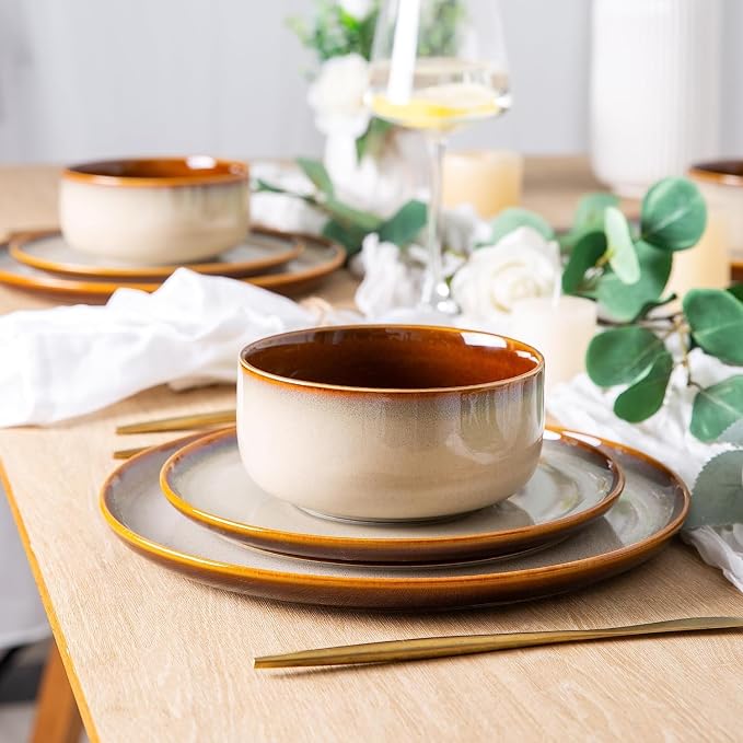 LeRatio Ceramic Dinnerware Sets for 4,12-Piece Plates and Bowls,Handmade Reactive Glaze Dishes Set,Chip Resistant and Scratch Resistant | Oven Dishwasher & Microwave Safe,Service for 4-Kahki