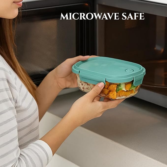 Neoflam 12-Pieces Airtight Kitchen 2 Compartment Storage, Oval Bento Glass Food Container with Vent, Microwave Meal Prep Canister, Dishwasher and Oven Safe (37 oz / 1.1 Liter / 4.6 cups)
