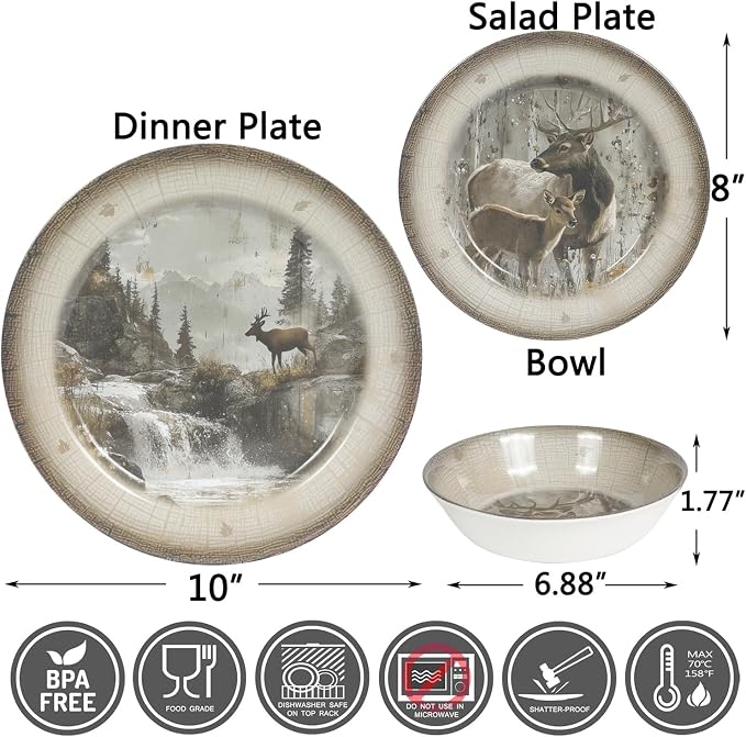 Melamine Dinnerware set for 4 - Dinner Plates Bowls Set 12 PCS Durable BPA Free Dishwasher Safe Shatter-Proof Chip Resistant for Indoor Outdoor, Deer
