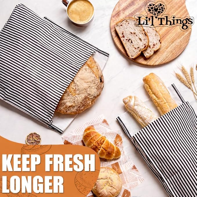 Sourdough Bread Bag – Reusable Beeswax Bread Storage Bags 2.0 (2 Sizes) for Homemade & Artisan Loaves, Cotton-Lined Bread Keeper, Plastic-Free Kitchen Storage – Stripey Black