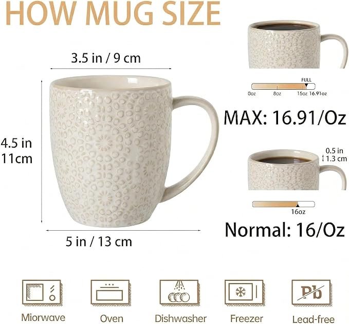 Coffee Mug Set of 4, 16 oz Ceramic Coffee Mugs, Large Embossment Cups, Vintage White Mugs Set for Latte, Cocoa, Hot Tea, Mocha, Housewarming Wedding Gifts, Dishwasher Safe, 3.5 x 4.5 inch