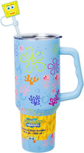 Silver Buffalo Spongebob Squarepants Jellyfishing in Bikini Bottom Double Walled Stainless Steel Tumbler with Handle, Straw, and Straw Cap, Fits in Standard Cup Holder, 40 Ounces