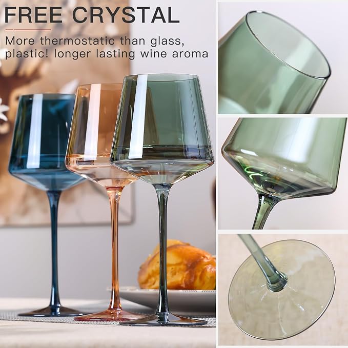 Green Wine Glasses Set of 6-18oz Colored Square Wine Glasses with Tall Long Stems and Flat Bottom,Crystal Colorful Wine Glass-Unique Gifts for Wine Lovers,Wedding Gifts (Light Blue Sea)