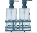 Square 3 Piece Glass Clear Lotion and Soap Pump Dispenser Set with Metal Stand Caddy for Bathroom Bath Kitchen Home Office Travel Hotel Hand Crafted Heavy Weight Spa Blue