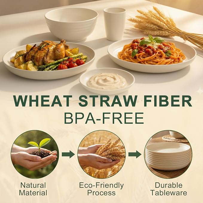 Dishes Set for 8, Wheat Straw Dinnerware Sets 40 Piece, Unbreakable Bowls and Plates Set, Plastic Plates Reusable, Microwavable Dishware Sets for Apartment, RV, Picnic - Beige