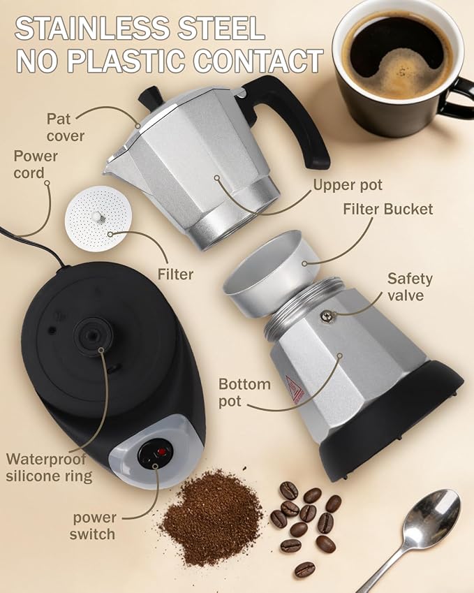 Electric Moka Pot with Detachable Base Aluminum Electric Espresso Maker 10oz 6 Cup 300ml Silver Espresso Coffee Maker Italian Coffee Stovetop Espresso Maker Kitchen Home 110V