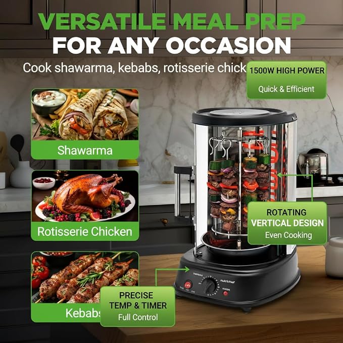 NutriChef Vertical Rotating Shawarma Oven - Rotisserie, Shawarma, & Kebab Machine - Stain-Resistant, Energy-Efficient - Heat-Resistant Door - Includes Kebab Rack with 7 Skewers - Stainless Steel