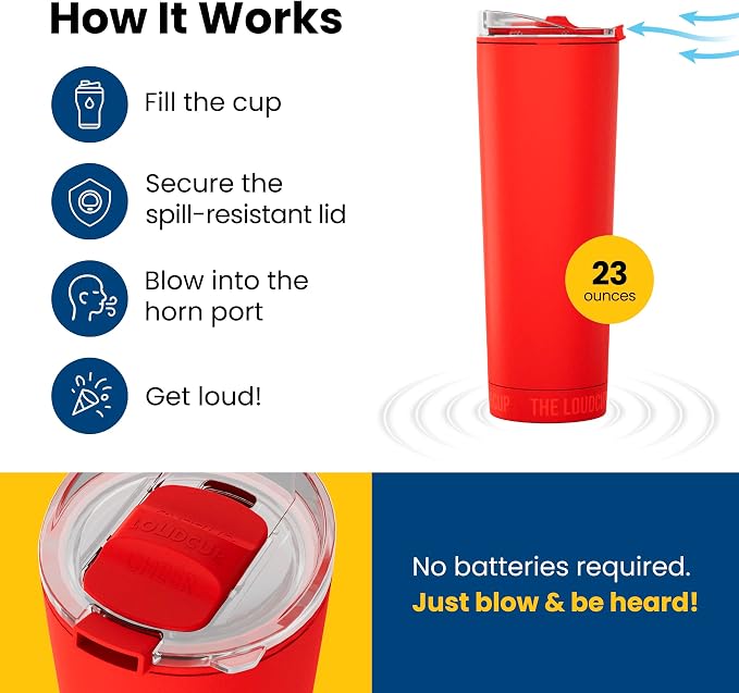 The LoudCup Blow Horn Tumbler, Cheer & Sip 2-in-1 Reusable Water Bottle with Built-In Horn for Sports Games, Tailgates, Parties & Events, BPA-Free, 23 oz, Siren Red