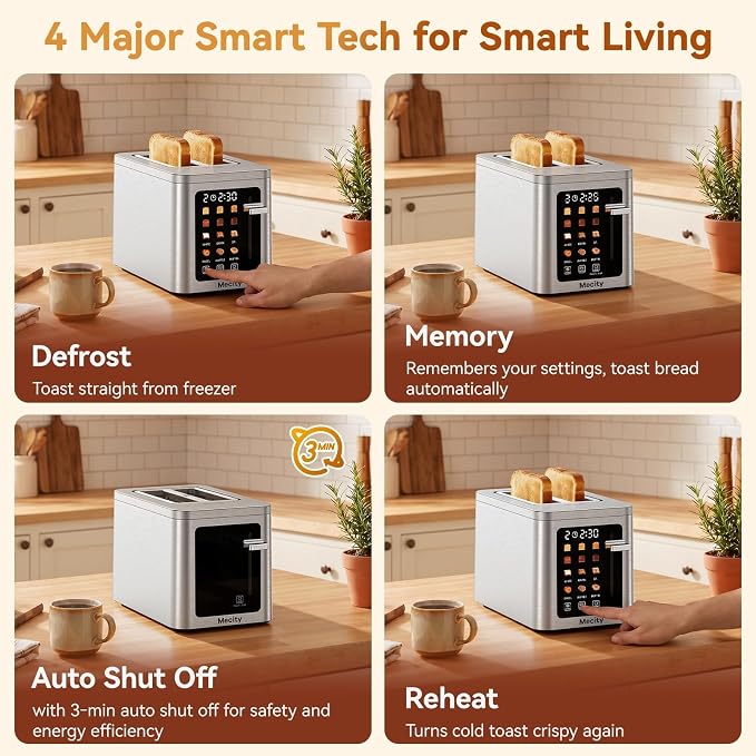 Mecity 2 Slice Toaster Smart Touchscreen, Stainless Steel Wide Slot Toasters Defrost, Reheat, Memory Function, Auto Shutoff, Digital Electric Bread Toaster for Bagel Muffin Waffle, 120V