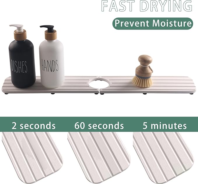 NiuYichee 23.6inch x 4inch Kitchen Sink Faucet Mat, Water Absorbing Stone Faucet Splash Guard for Bathroom Counter, Quick Drying Diatomite Tray for Kitchen Sink, White