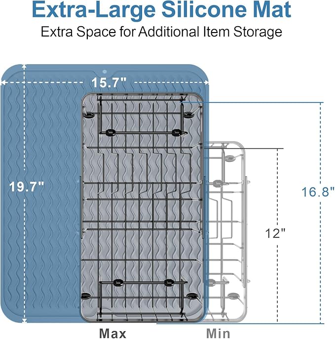 iSPECLE Small Sink Dish Drying Rack with Silicone Mat, 9" W Expandable Compact Rust Resistant Dish Drainer for RV Apartment Kitchen, Dish Rack with Lock Knob, Arms with Non Slip Rubber, Black