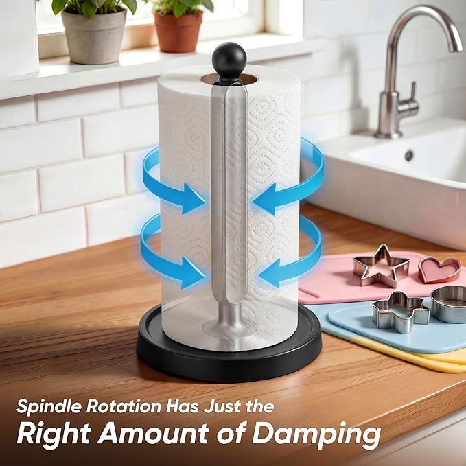 theaoo Paper Towel Holder Countertop, One-Handed Tear Paper Towel Stand Dispenser with Damping Function for Kitchen Bathroom, Stainless Steel Paper Towel Holder with Weighted Non-Slip Base (1, Black)