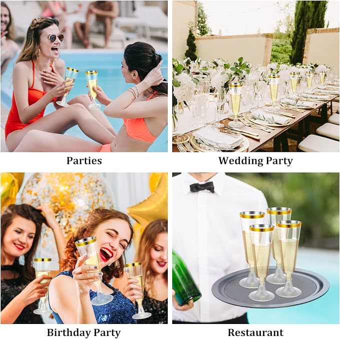 CHENGU 150 Pcs Champagne Flutes 5 Oz Plastic Disposable Champagne Flutes Crystal Wine Glasses Reusable Plastic Cocktail Cups for Wedding Celebration Toasting Drinking (Gold,Classic)