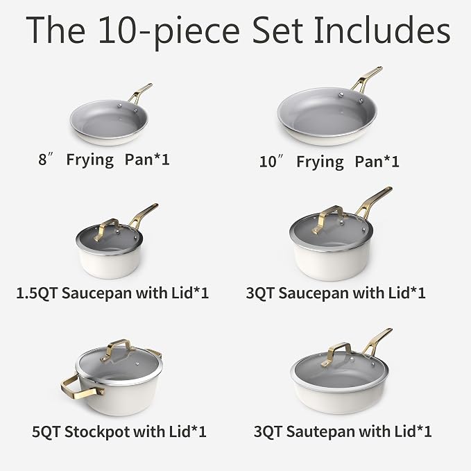 10-Piece White Ceramic Nonstick Cookware Set, Pots and Pans with Glass Lids & Anti-Scald Handles, Non-Toxic PFAS Free, Dishwasher & Oven Safe up to 480°F, Induction & All Stoves Ready