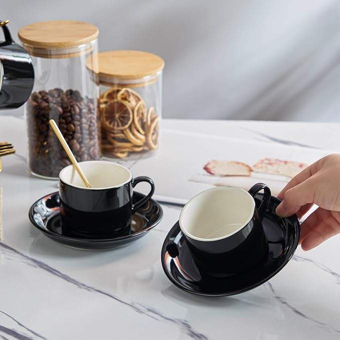 YOLIFE Espresso Cups with Saucers Set and Gold Metal Stand, 4oz Coffee Espresso Cups Set of 6, Ceramic Expresso Shots Cup with Stand & Saucers, Black