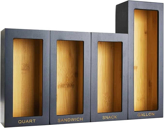 Cozee Bay Bamboo food Bag Organizer for Kitchen Drawer, Baggie organizer, Compatible with Gallon, Quart, Sandwich and Snack Variety Size Bags (4 Piece Set) (Black)