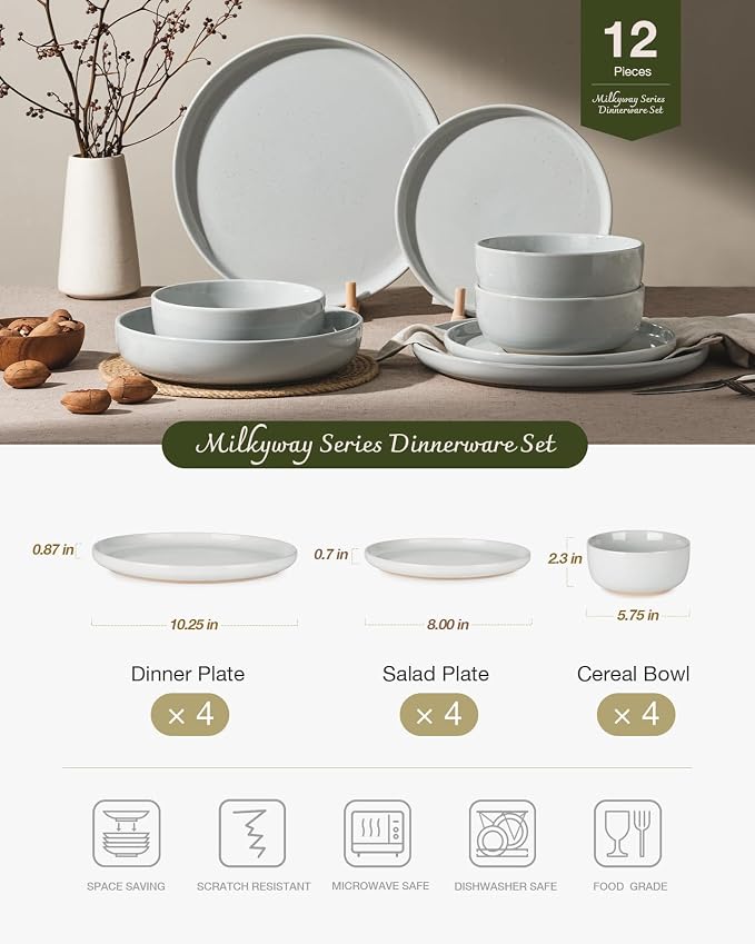 Famiware Milkyway Plates and Bowls Set, 12 Pieces Dinnerware Sets, Dishes Set for 4, Light Gray