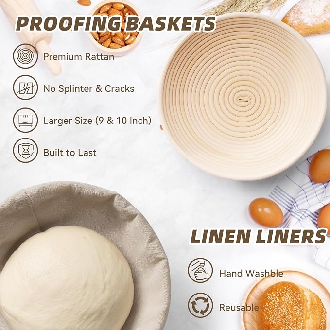 Kikcoin 8" & 9" & 10" Banneton Bread Proofing Basket Set, Round Banneton Basket for Sourdough Baking, Baking Supplies with Linen Liner, Bread Lame & Dough Scraper, Sourdough Proofing Tools