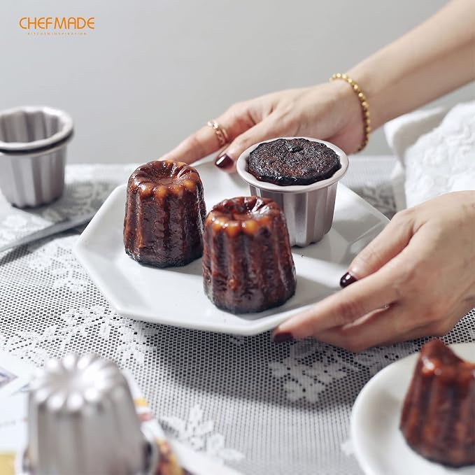 CHEFMADE Canele Mold Cake Pan, 2.6-Inch 4Pcs Non-Stick Canele Muffin Bakeware Cupcake Pan for Oven Baking (Champagne Gold)