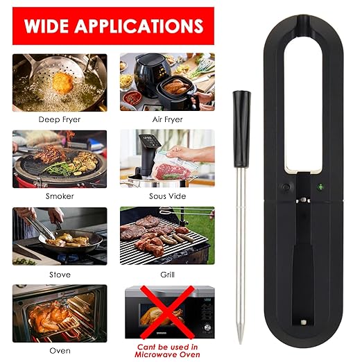 Smart Bluetooth Meat Thermometer Probe, Wireless Food Thermometer for Grill Oven BBQ Smoker, 30m Range IP67 Waterproof App Control Alerts Fast Charge LED Indicator Vibrating Alarm Kitchen Cooking Tool