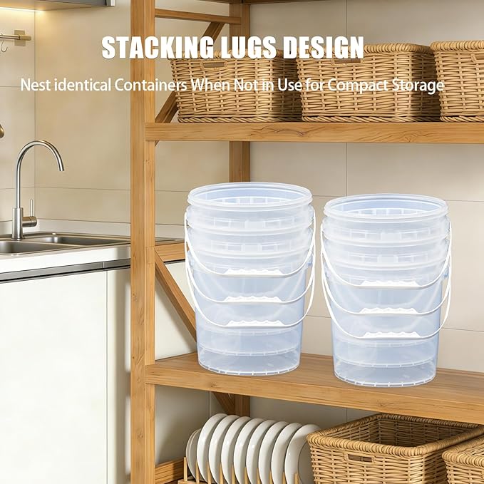 5 Gallon Bucket with Lid & 2.6 Gal Plastic Food Storage Containers, 5 Pack Clear Buckets with Lids, Food Grade Pail for Ice Cream, Dog Food, Water, Large Quart Container with Handle