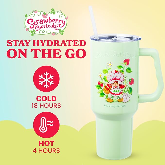 Silver Buffalo Strawberry Shortcake and Custard “Life is Delicious!” Double Walled Stainless Steel Tumbler with Handle, Fits in Standard Cup Holder, 40 Ounces