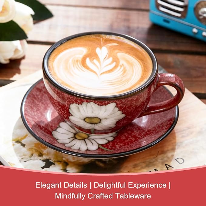 8 Oz Floral Porcelain Cappuccino Cups with Saucers Set of 4, Stoneware Tea Coffee Mugs for Home Kitchen & Office, Dishwasher Microwave Oven Safe, for Espresso, Latte, Americano, Milk & Tea, Red