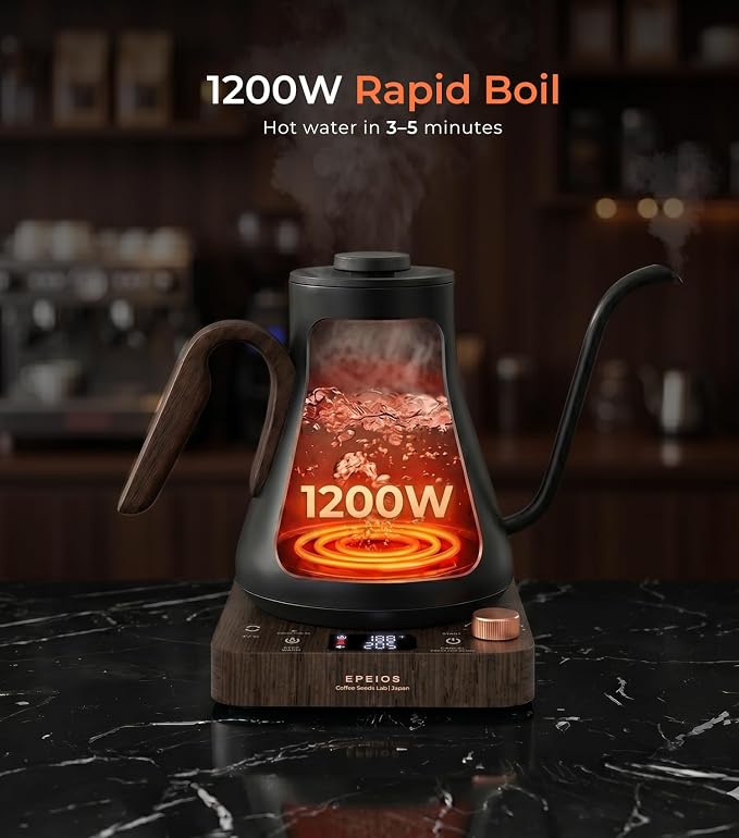 Epeios Electric Kettle, Gooseneck Electric Kettle with ±1°F Temperature Control, 1200W Rapid Heating for Pour Over Coffee & Tea, 304 Stainless Steel Interior, Auto Shut-Off, 0.9L, Black Walnut