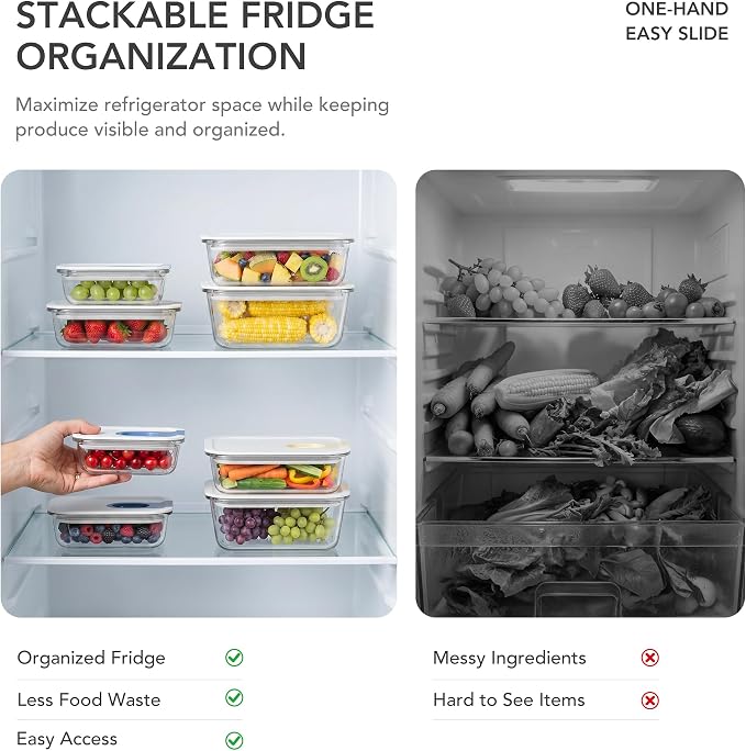GENICOOK Glass Fruit Storage Containers for Fridge, 4 Pack Borosilicate Glass Food Storage Containers with One-Hand Slide Lid, Airtight Produce Containers, Stackable Fridge Organizer, BPA Free