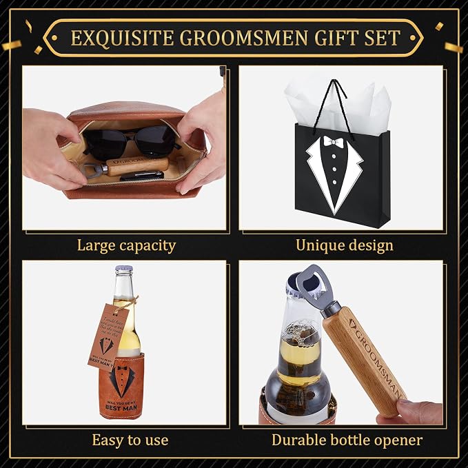 70Pcs Groomsmen Gifts Groomsmen Proposal Box with Shot Glasses Socks Sunglasses PU Leather Toiletry Bag Bottle Opener Can Cooler Groomsman Gifts for Wedding Groomsmen Best Man Gift (70, Brown)